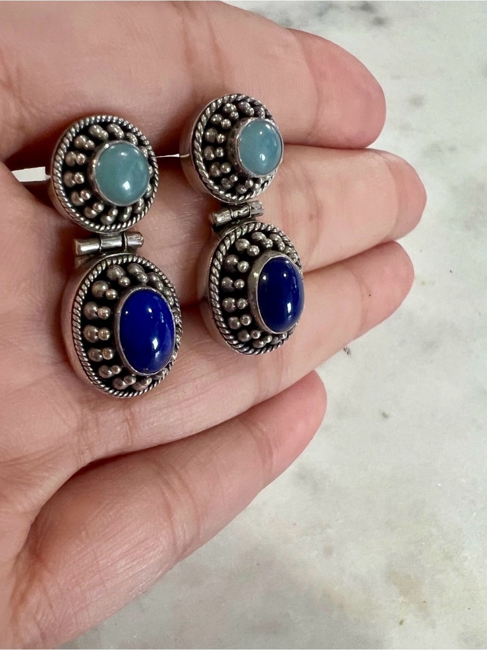 Suarti Bali 925 Sterling Silver Vintage Chalcedony Lapis Lazuli Drop Earrings 1”